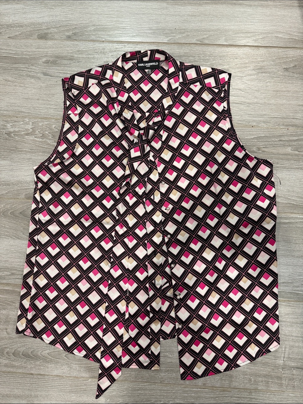 New Karl Lagerfeld Sleeveless Geometric Tie-Neck Top in Pink, Black, Cream XL